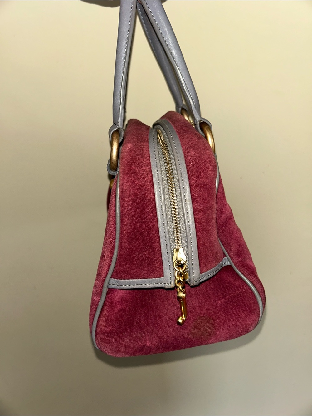 Juicy Couture Burgundy Velvet Satchel with Gray Leather Trim - Picture 3 of 10